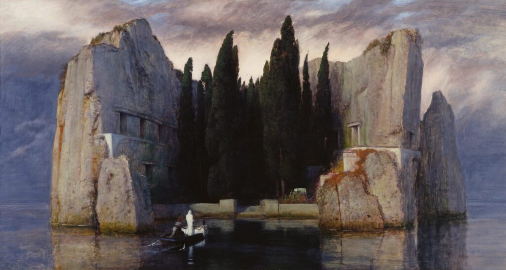 The painting "Isle of the Dead" (third version) by Arnold Böcklin, a Swiss symbolist painter. It shows a small island with high rock walls and tall pine trees in the middle.